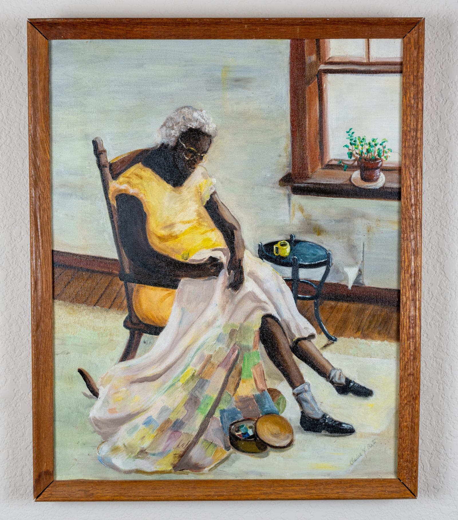 The Quilter: A Vintage Oil Painting That Feels Like a Memory