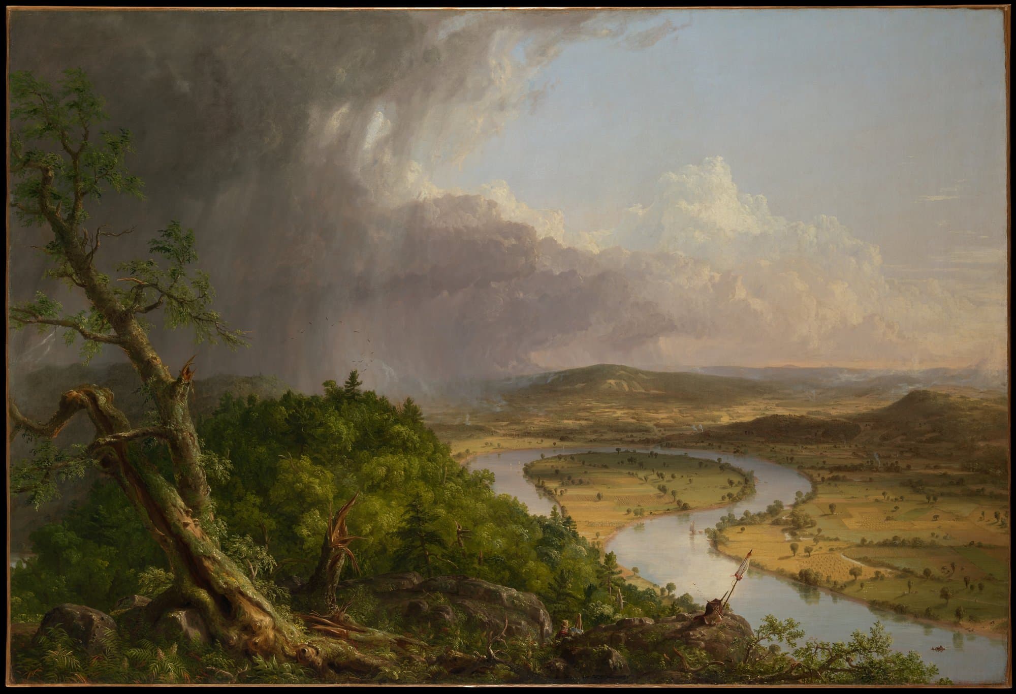 Thomas Cole's 1836 oil painting of the Connecticut River's oxbow bend under a clearing thunderstorm