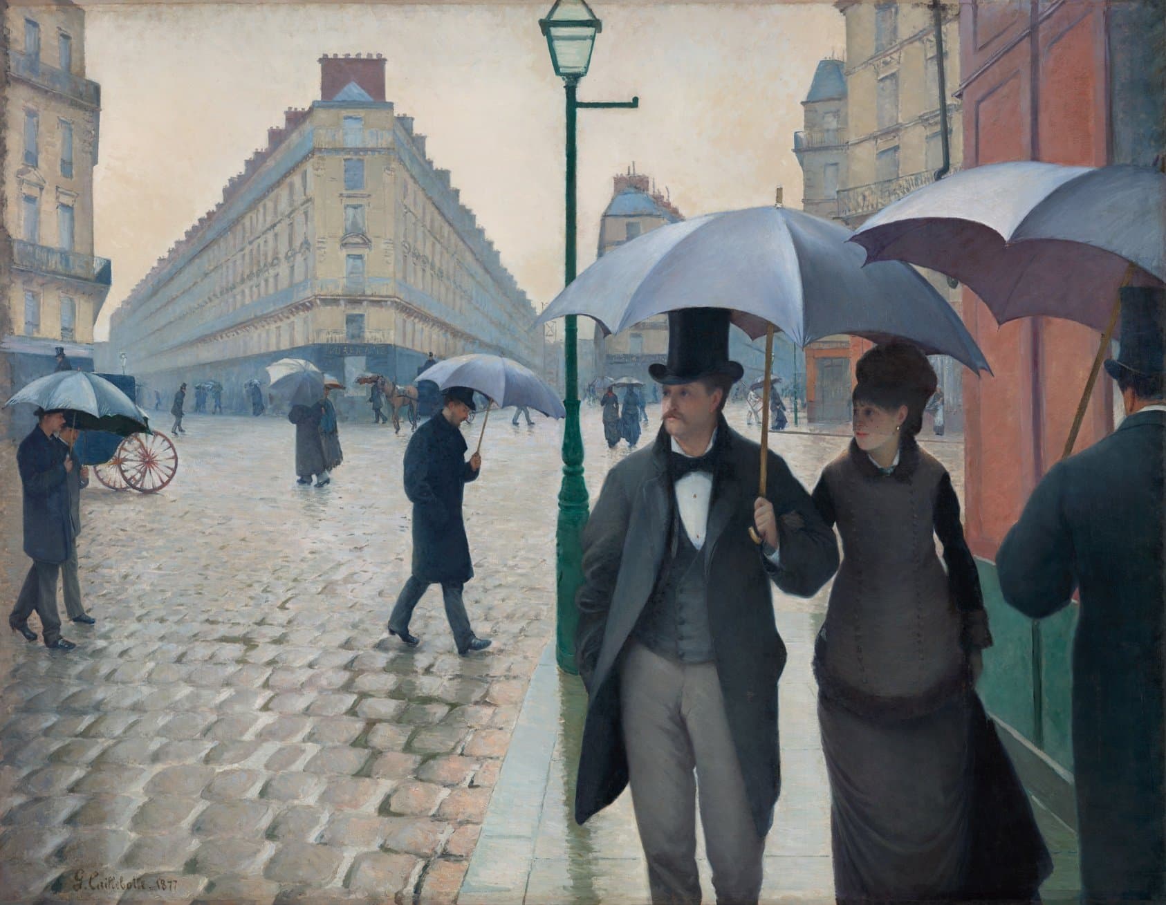 Gustave Caillebotte's 1877 painting of Parisians with umbrellas crossing a rain-slick cobblestone intersection