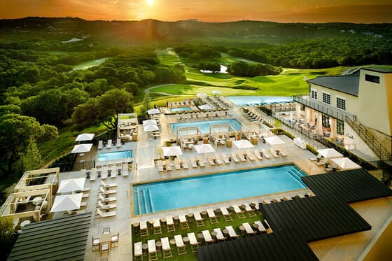 Omni Barton Creek Resort & Spa's lazy river and multi-pool complex in the Hill Country