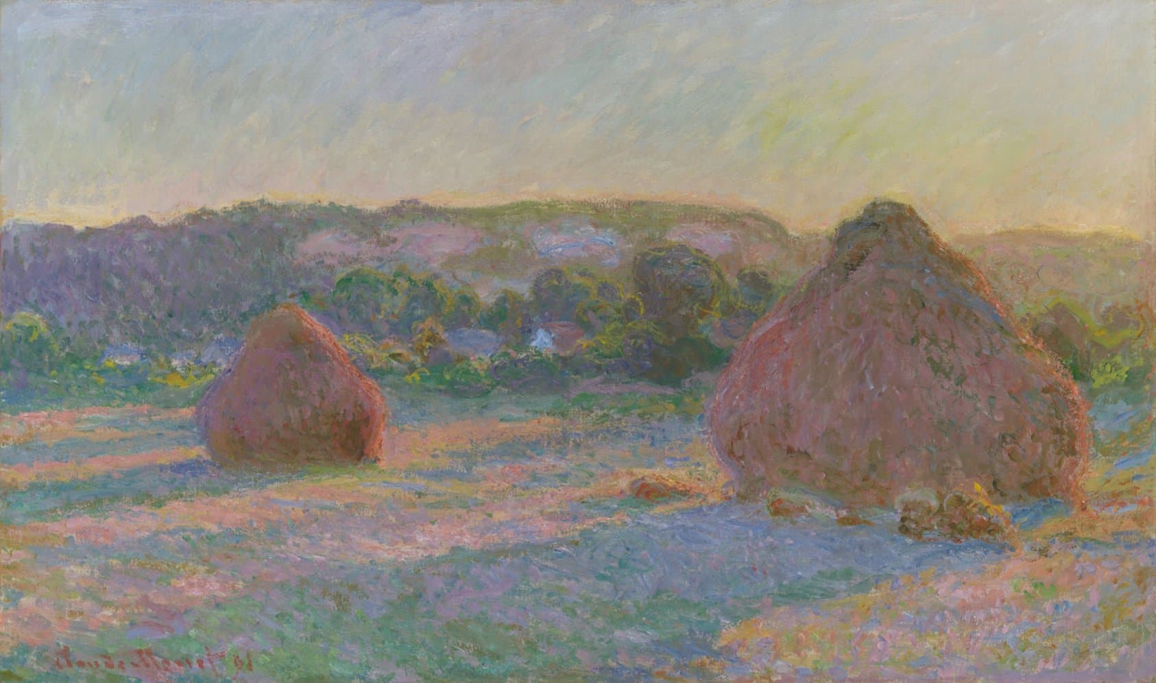 Claude Monet's painting of two haystacks in a field at the end of summer, in soft pinks and blues