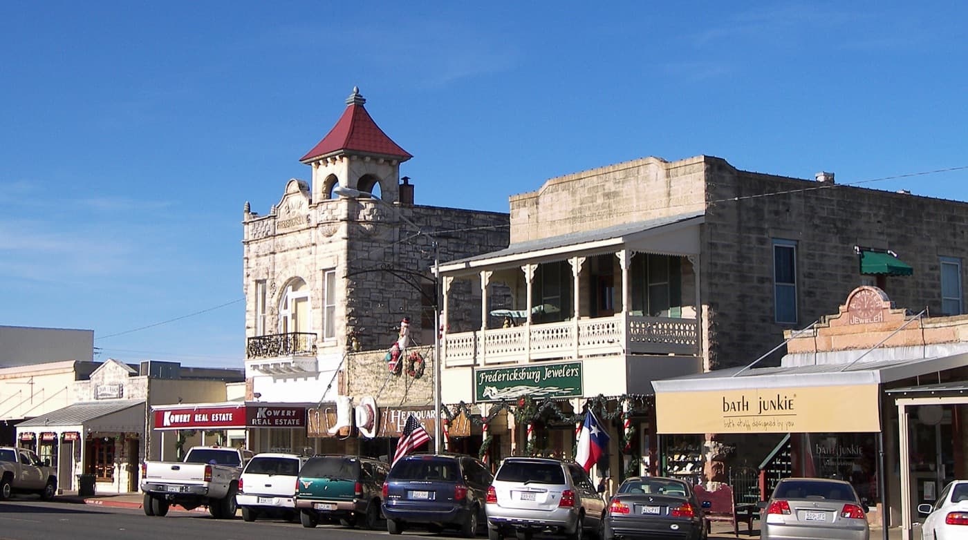 Historic limestone and brick storefronts along Main Street in Fredericksburg's historic district