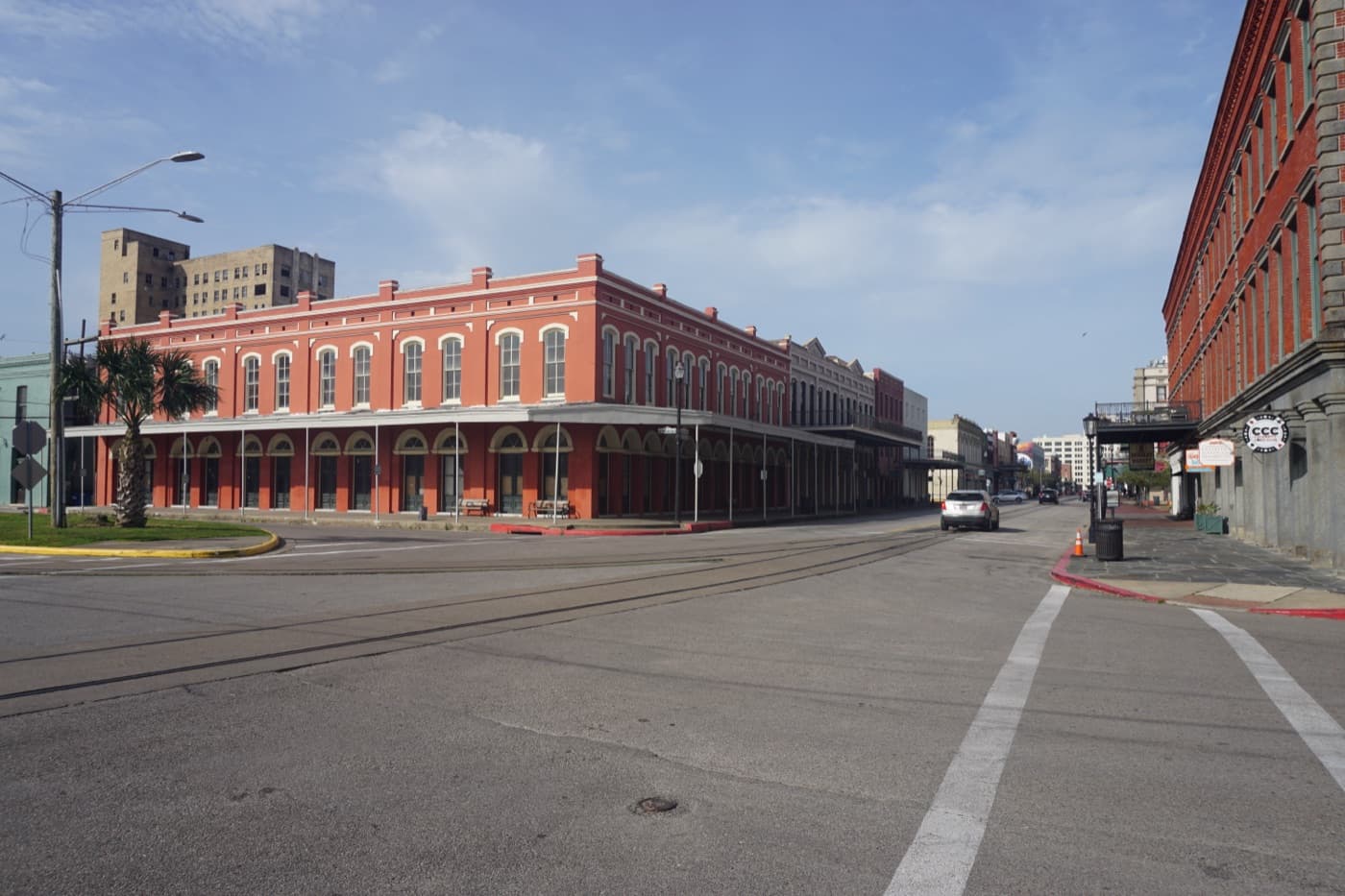 Historic iron-front commercial buildings along the Strand in Galveston's downtown historic district