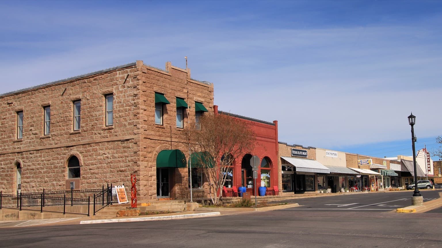 Storefronts along the 200 block of Main Street in Marble Falls