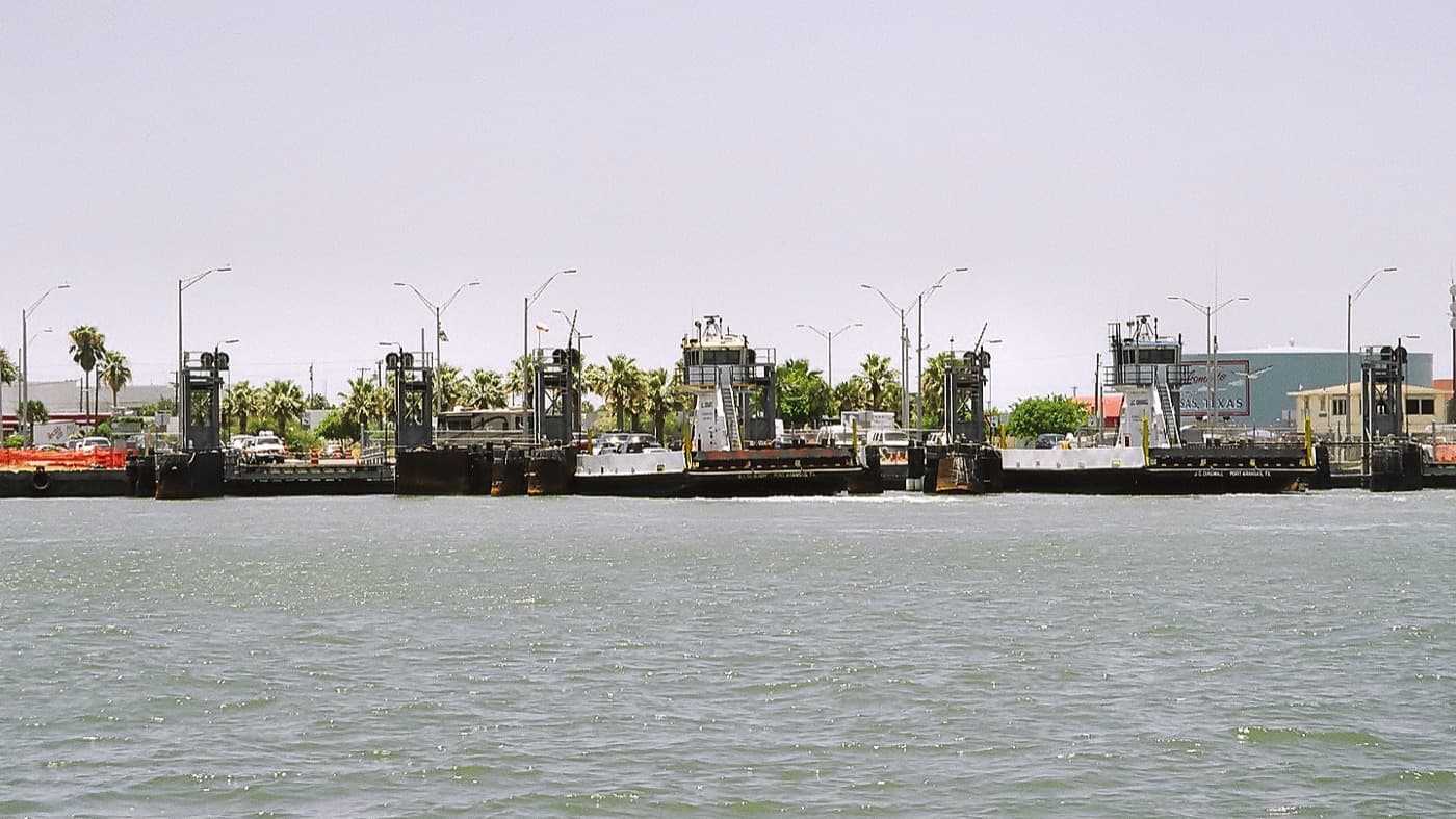The ferry landing at Port Aransas, where the free state ferry carries cars onto the island