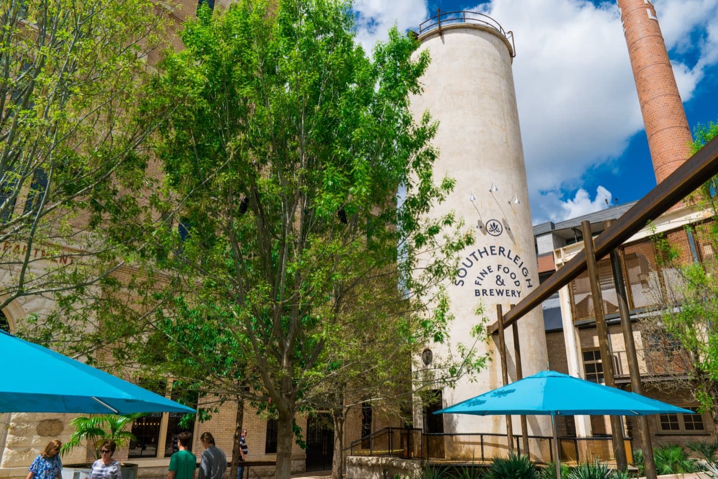 The restored Pearl Brewery tower above the shops and restaurants of the Pearl district in San Antonio
