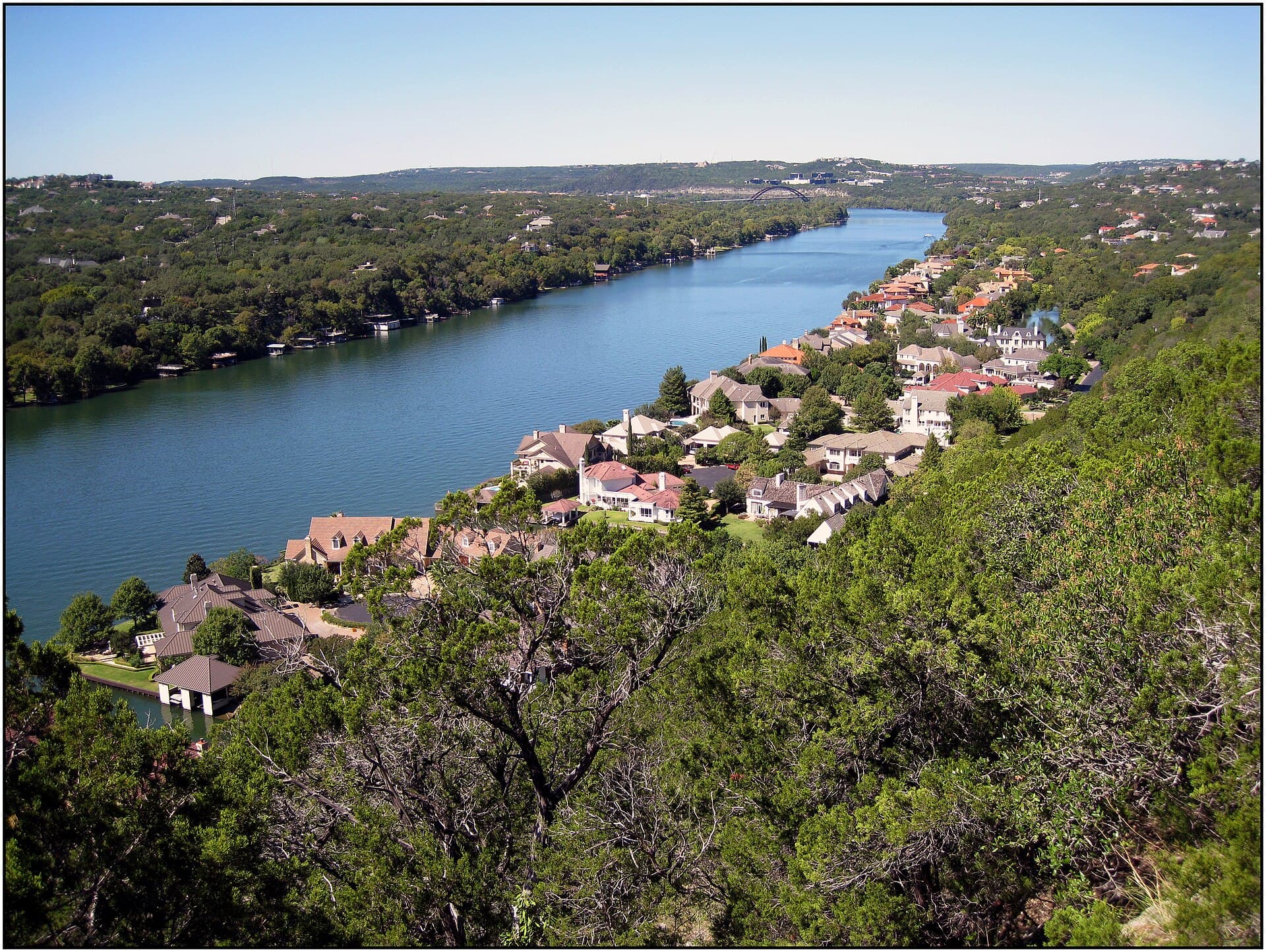 View of Lake Austin from Mt Bonnell — the cliff-top overlook with sweeping views of the lake and Pennybacker Bridge