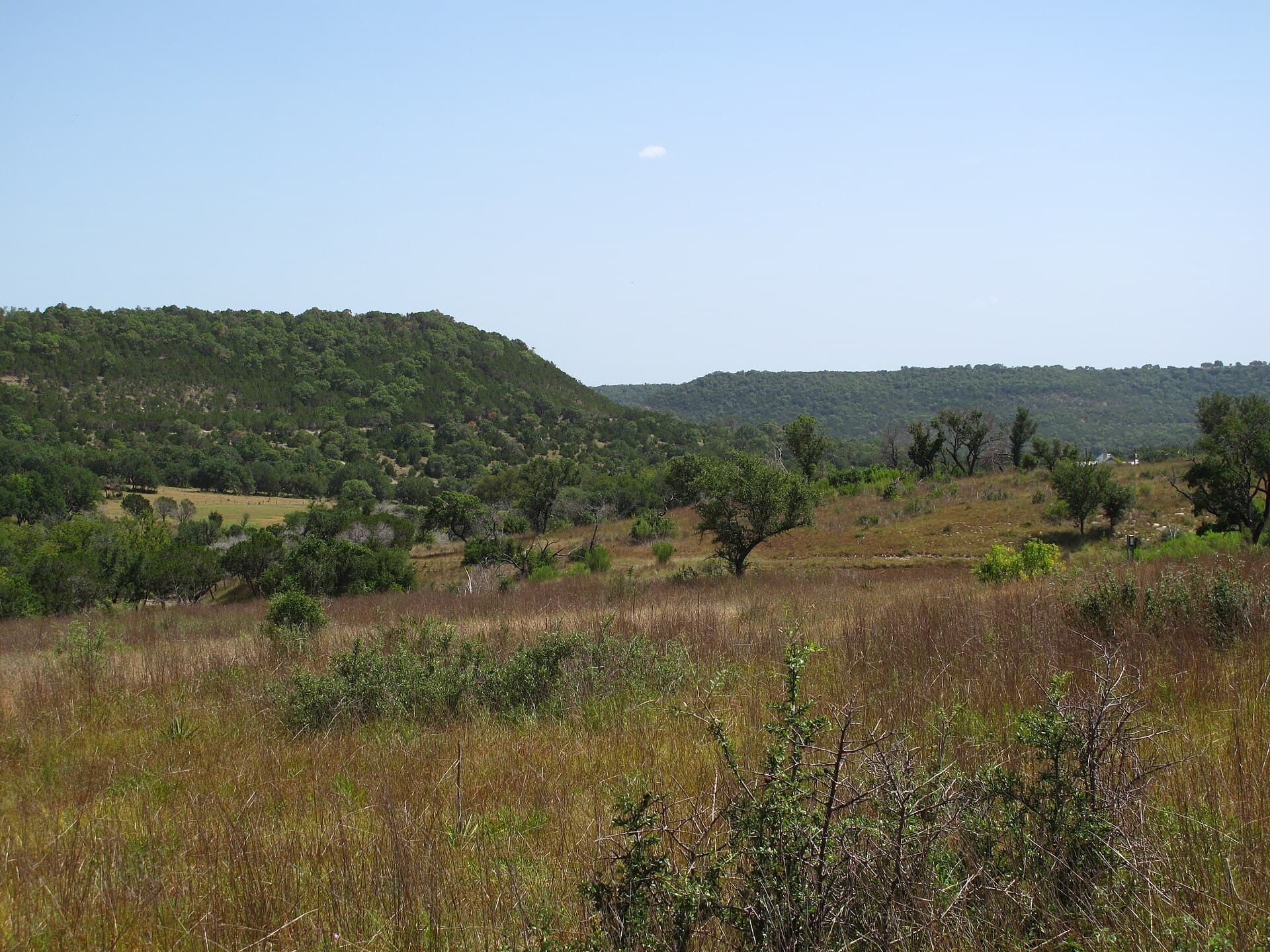 Hill Country grassland and wooded ridges in the Balcones Canyonlands National Wildlife Refuge, northwest of Austin