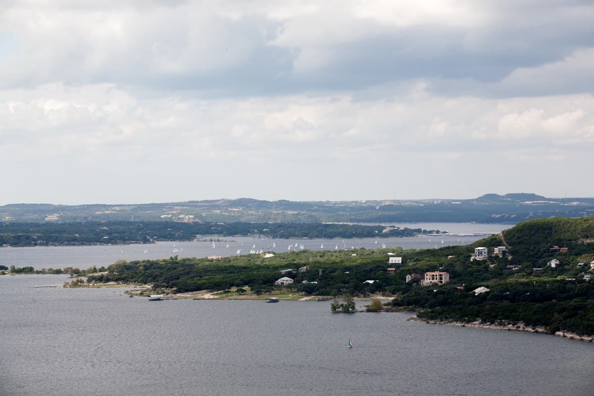 Lake Travis at full capacity — Lakeway Resort sits on these shores 25 minutes from downtown Austin