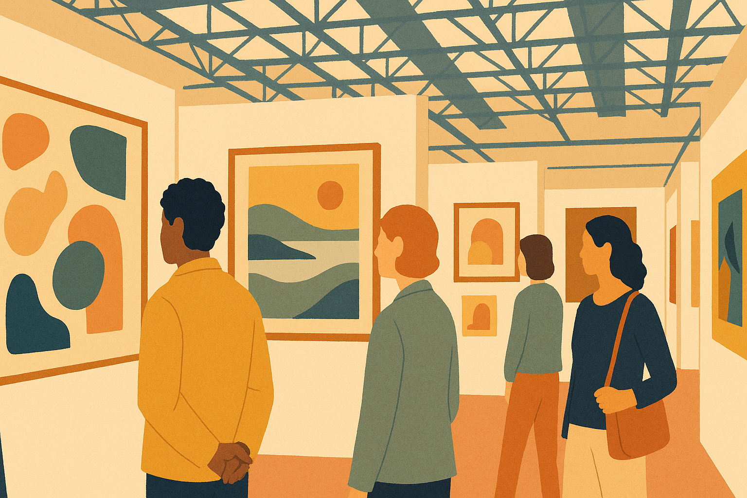 Art collectors browsing booths at an Austin art fair — editorial illustration of the curated-browsing experience
