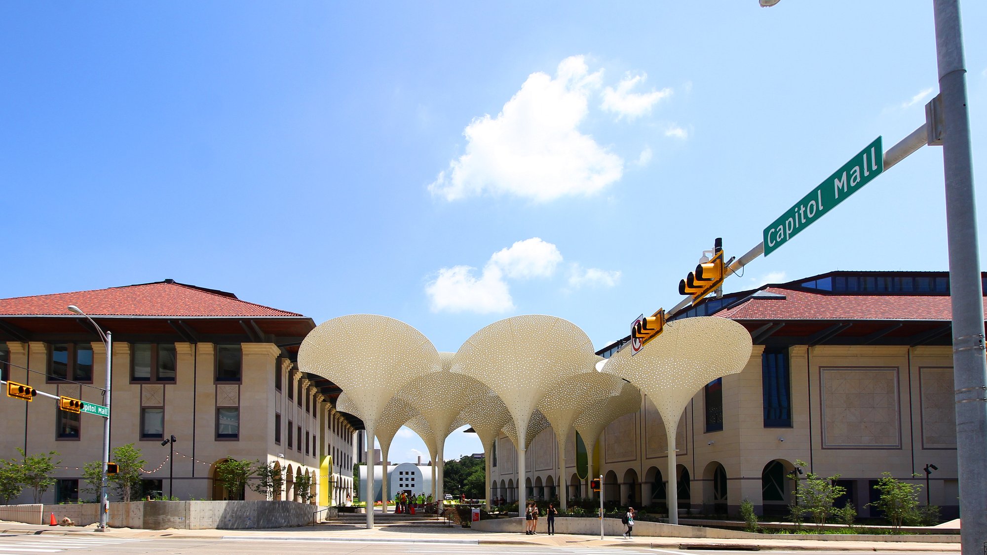 The Blanton Museum of Art on the University of Texas campus, with the white petal-shaped canopies of its plaza
