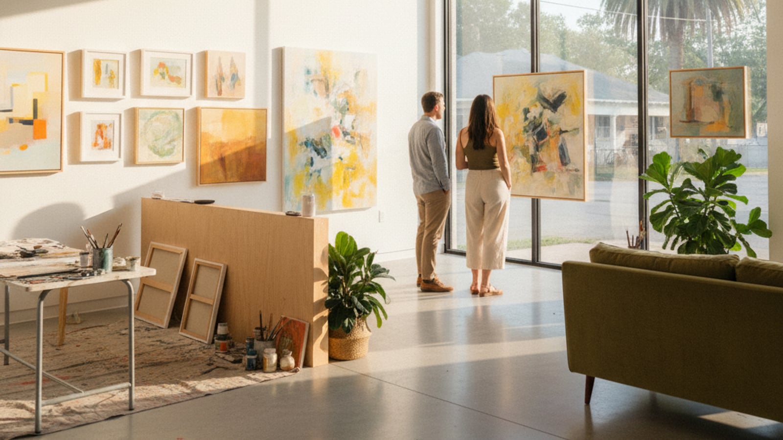 The bright interior of a contemporary art gallery and studio space in East Austin