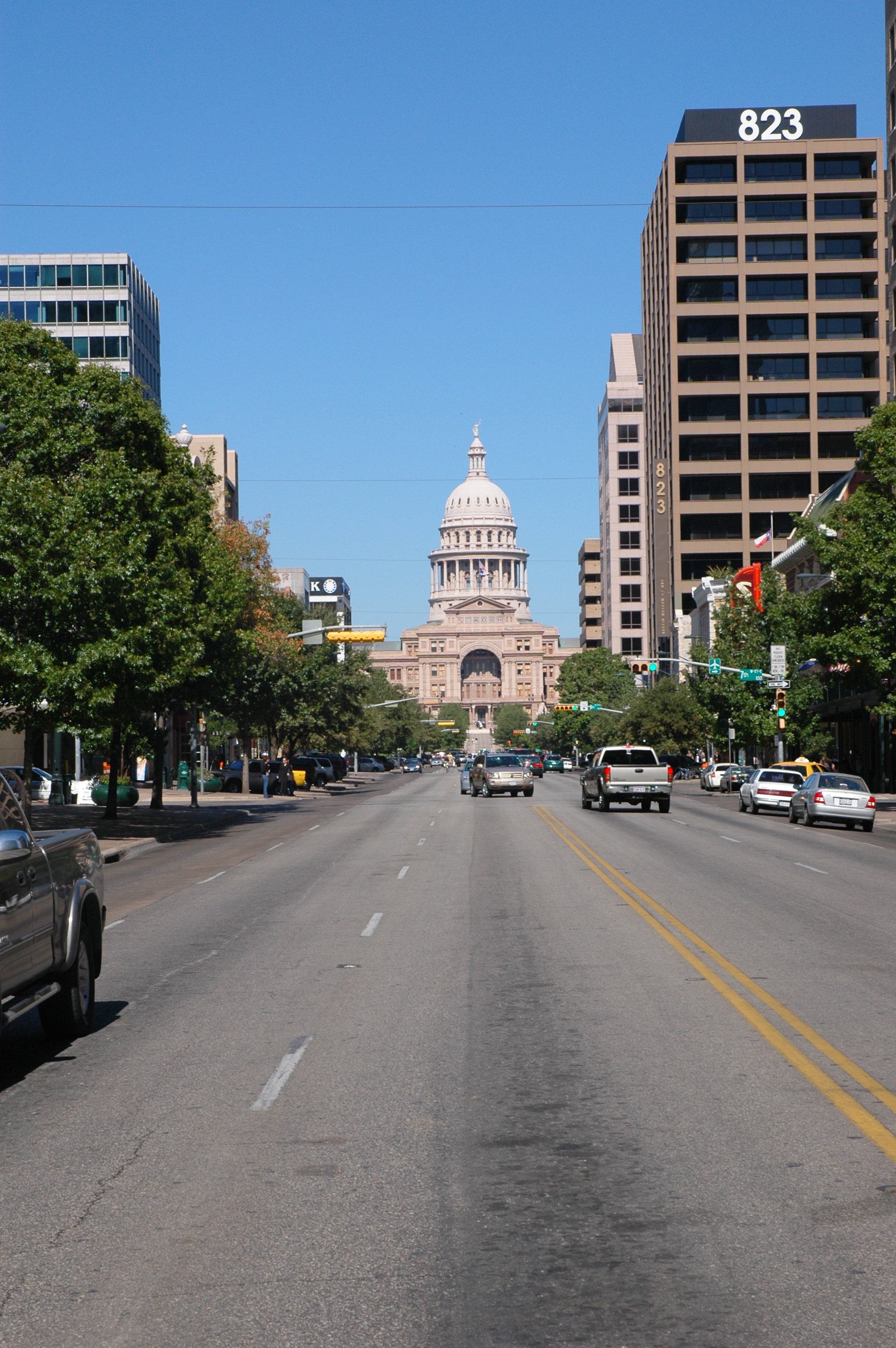 Congress Avenue in downtown Austin looking north toward the Texas State Capitol dome, a view featured in dozens of films and TV shows