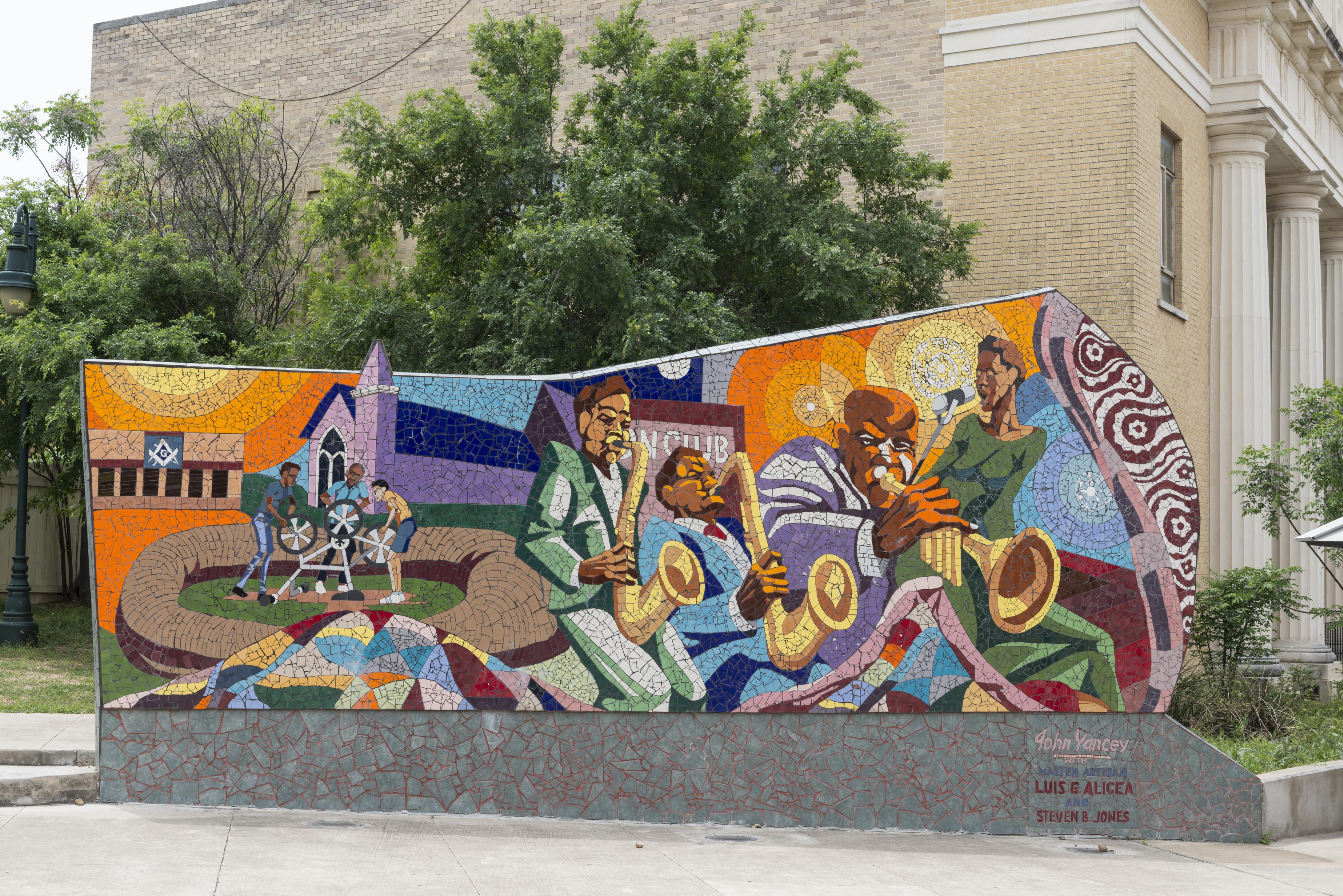Colorful mosaic mural and street art in East Austin's vibrant arts district