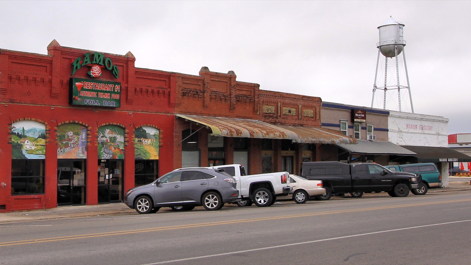 Old commercial buildings on the main street of Manor, Texas, the small town east of Austin where What's Eating Gilbert Grape was filmed