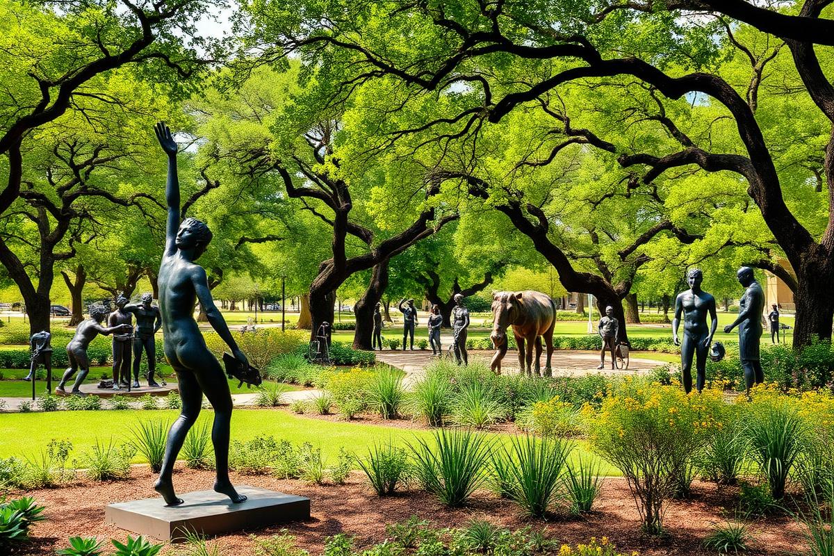 Public sculpture in an Austin park with native Texas landscaping