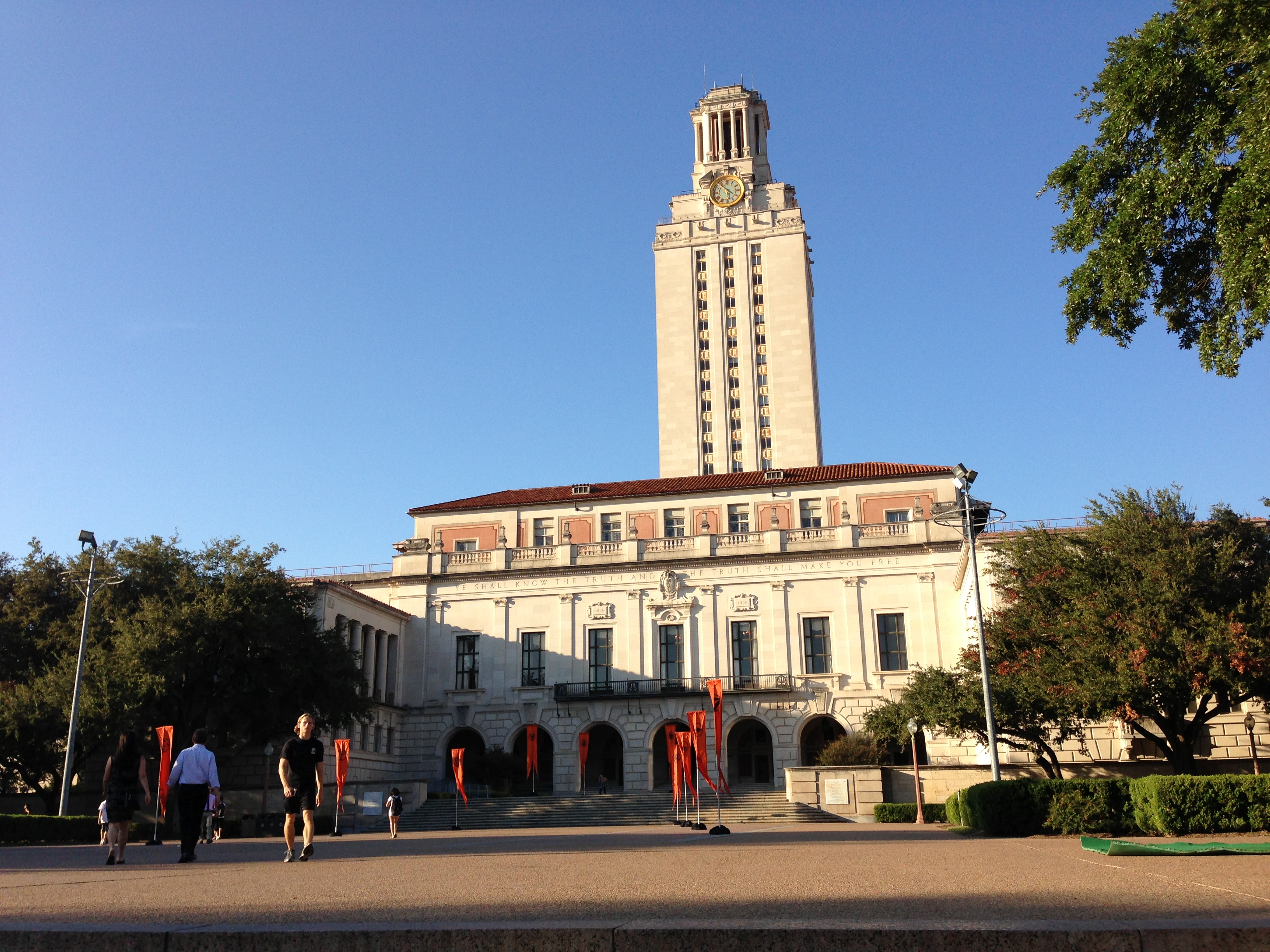 The University of Texas Tower, an iconic Austin landmark surrounded by the Landmarks outdoor sculpture program