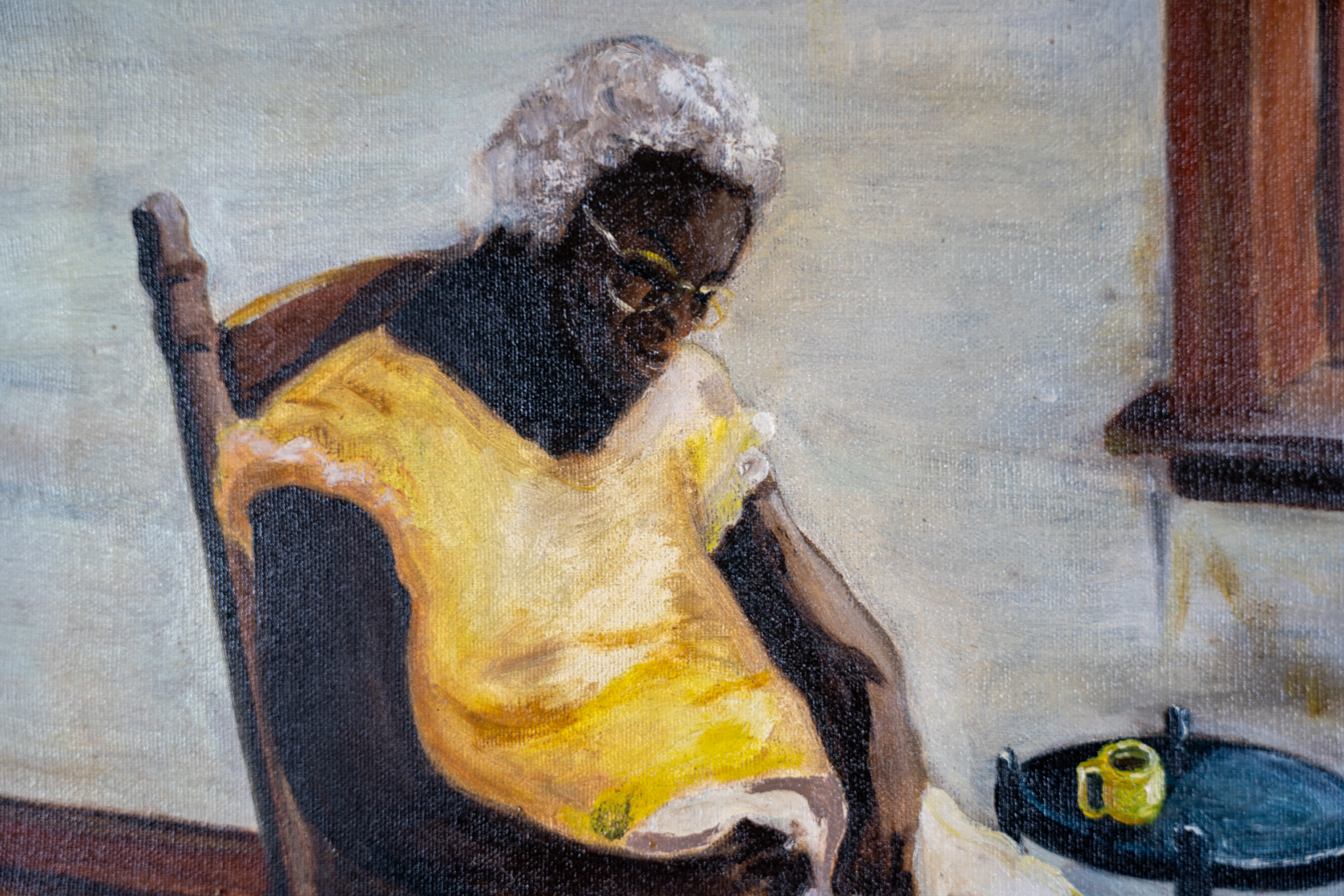Detail showing the woman's face, glasses, and yellow dress — confident, direct brushwork