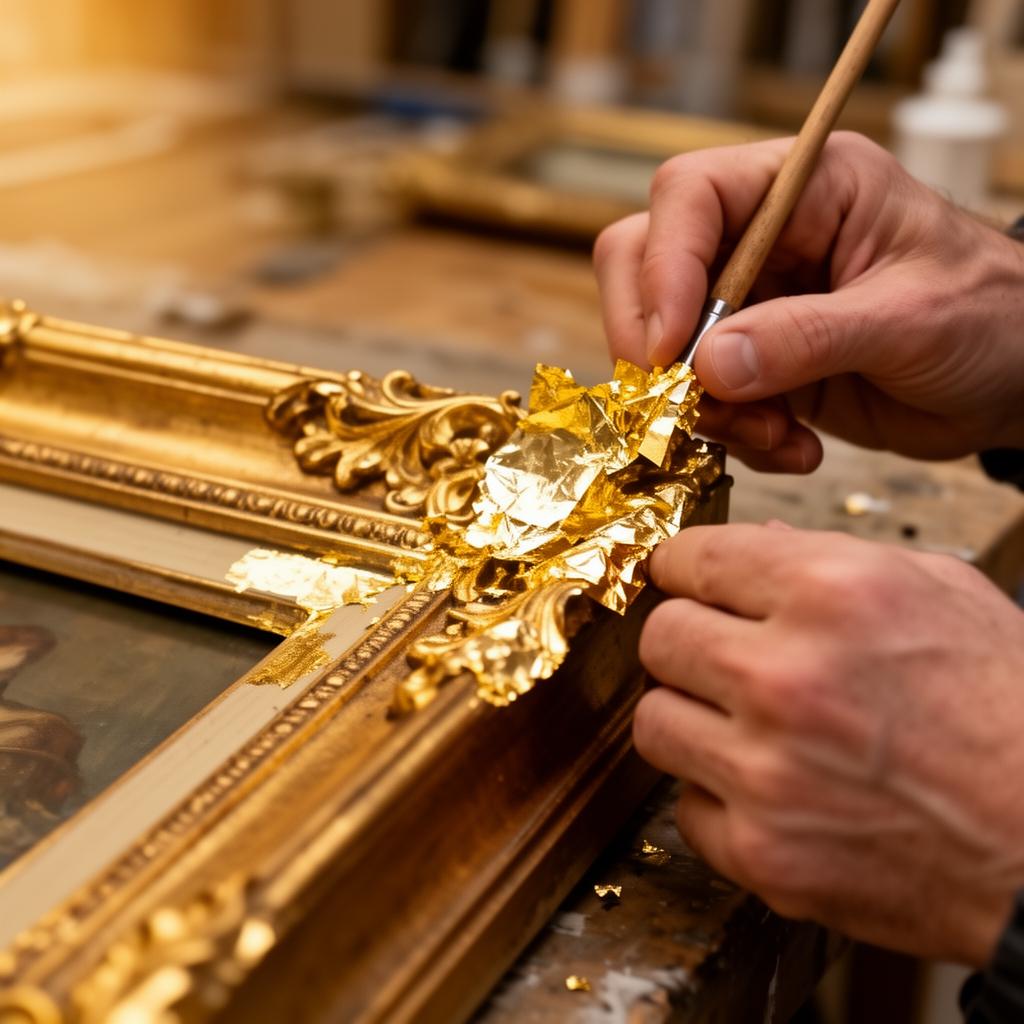 Applying gold Rub n Buff wax to ornate picture frame