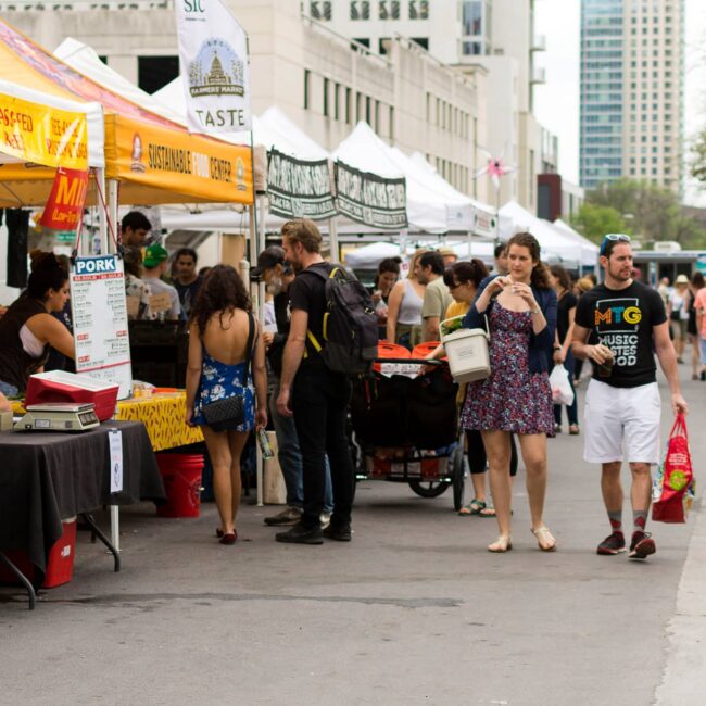 The SFC Farmers' Market Downtown at Republic Square — year-round, every Saturday, real food at real prices, same price for every neighborhood