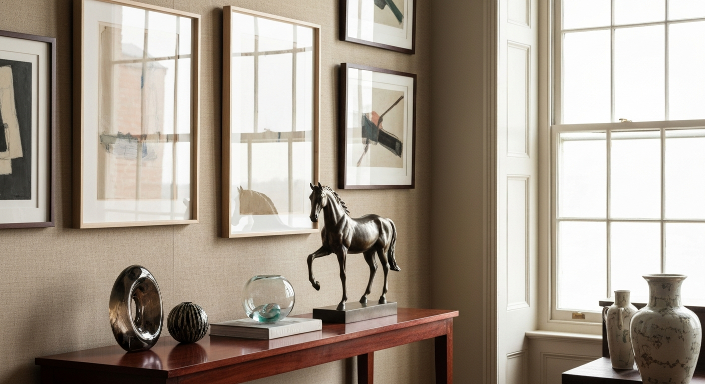 A gallery interior with a curated collection of art and objects on display