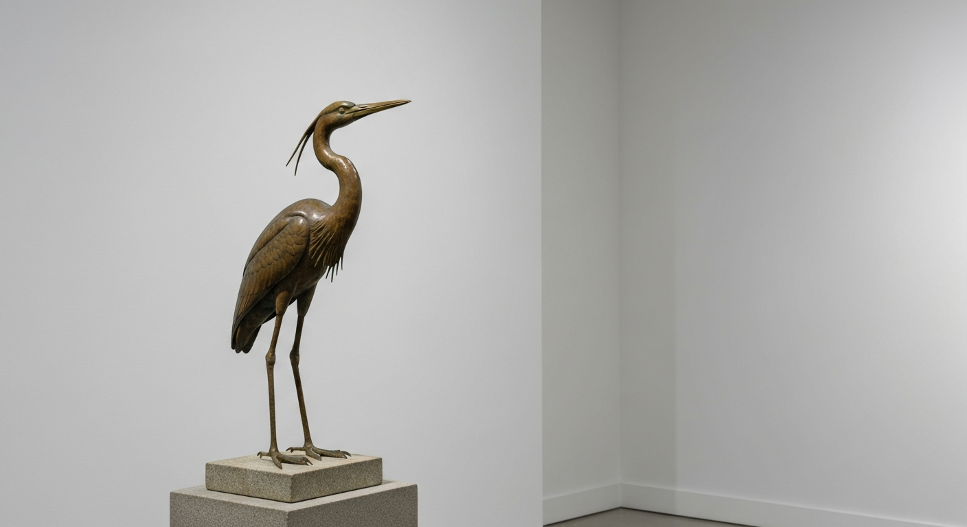 A bronze heron sculpture with a rich patina on a stone pedestal in a gallery