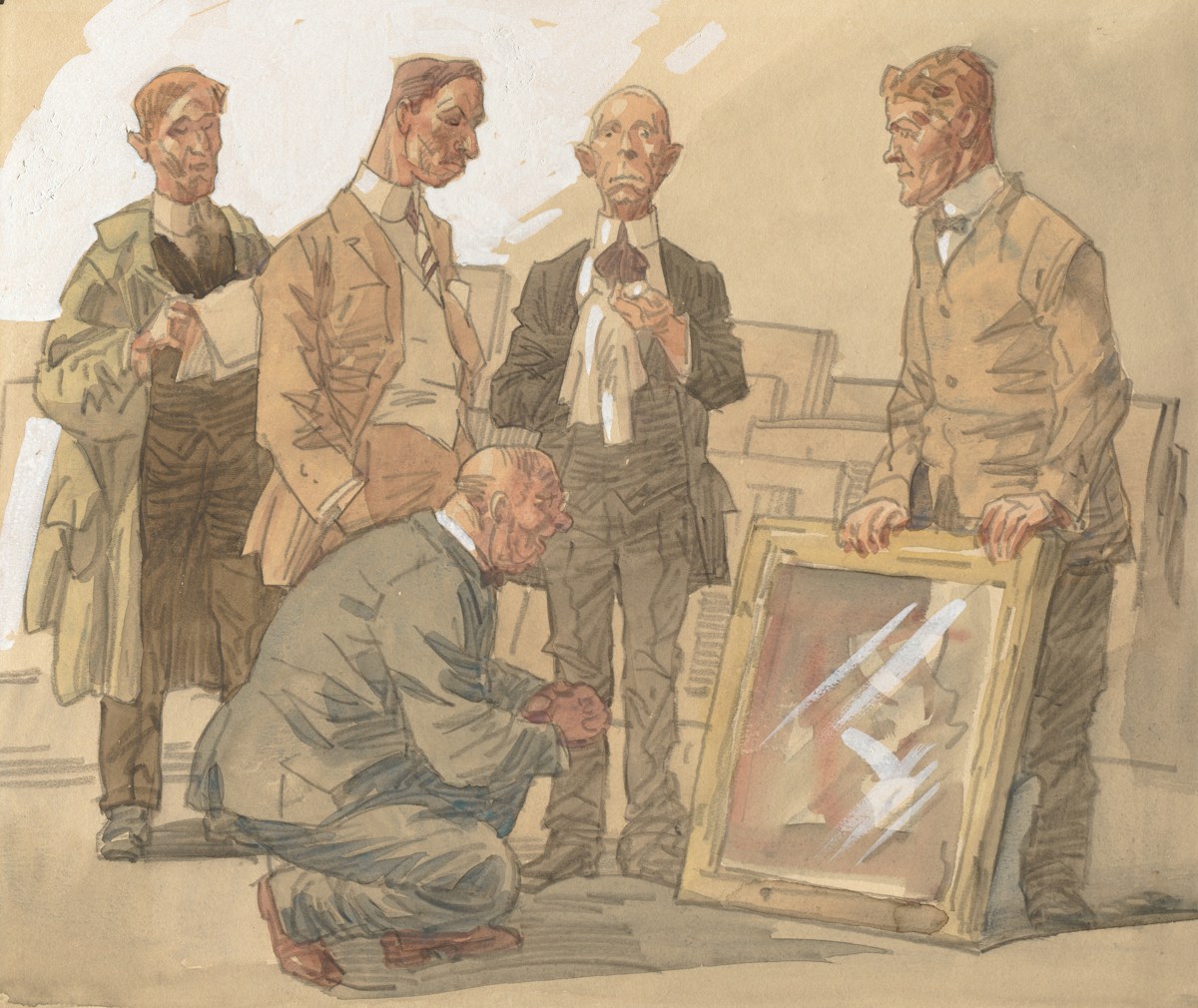 Men examining a framed painting — from Frank Wilcox's 