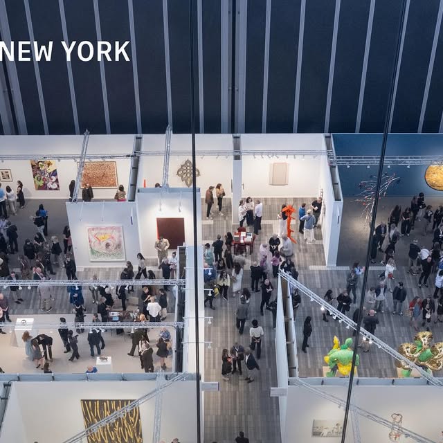 Aerial view of Frieze New York art fair — gallery booths, sculptures, and collectors from Artsy's Instagram coverage