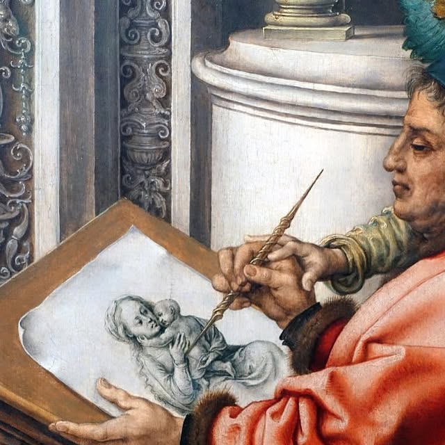 A Renaissance painting detail shared by Smarthistory — an artist drawing at an easel, from their art history education feed