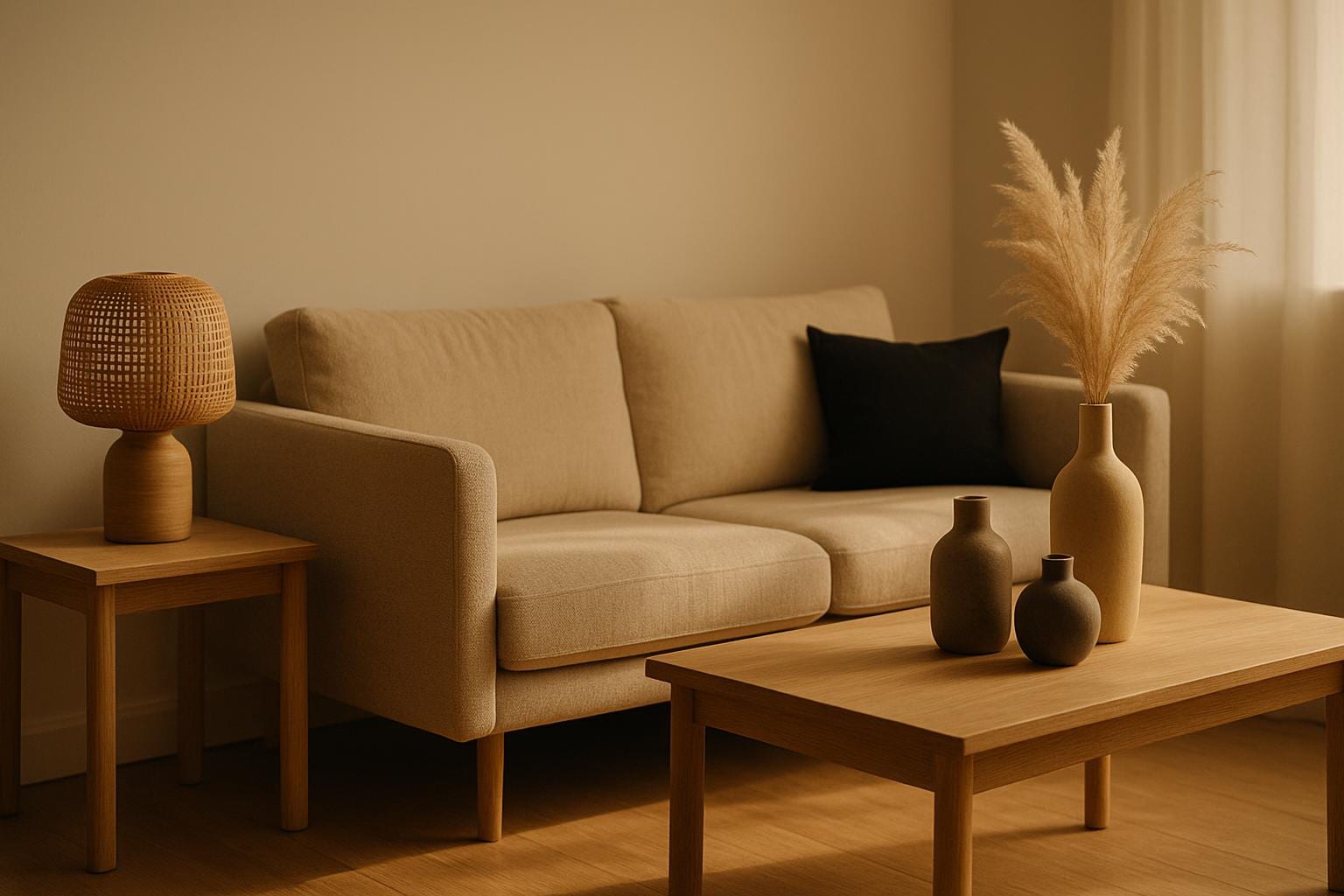 A Japandi living room — light oak, warm neutral linen, handmade ceramics, a rattan lamp and dried pampas, calm and uncluttered