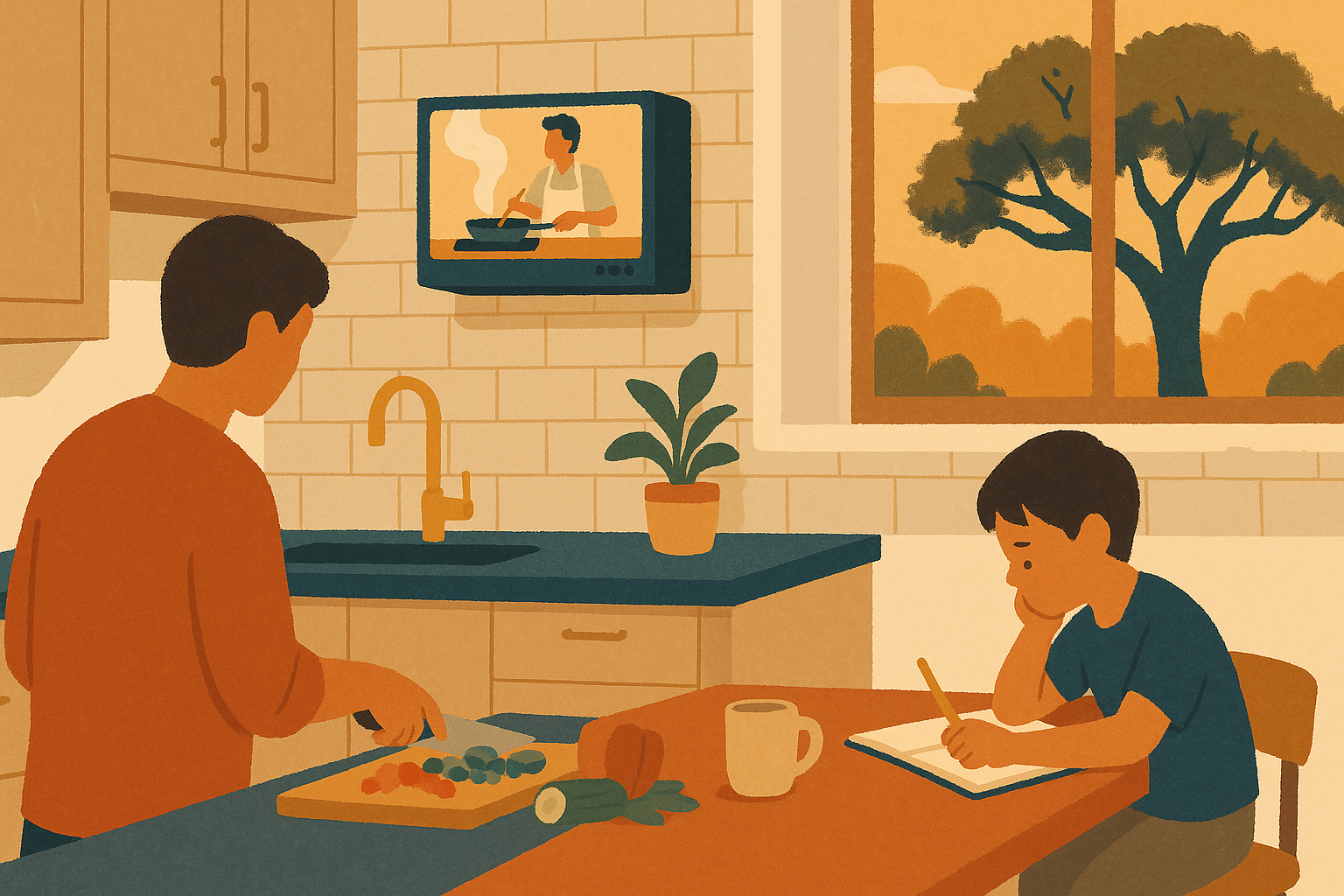 A modern Austin kitchen with a small under-cabinet TV playing a cooking show, brass fixtures, white-oak cabinetry, parent chopping vegetables on the island, kid doing homework at the breakfast counter — the kitchen-TV moment in real family life