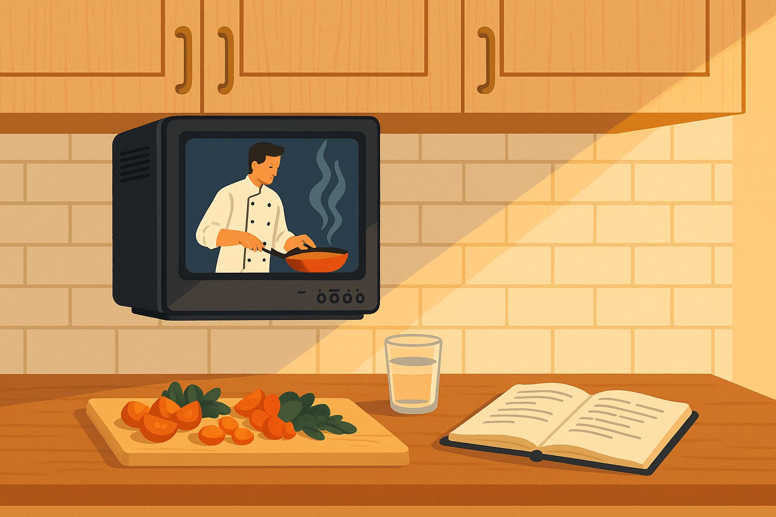 A small TV mounted under a kitchen cabinet showing a recipe video, with countertop in the foreground