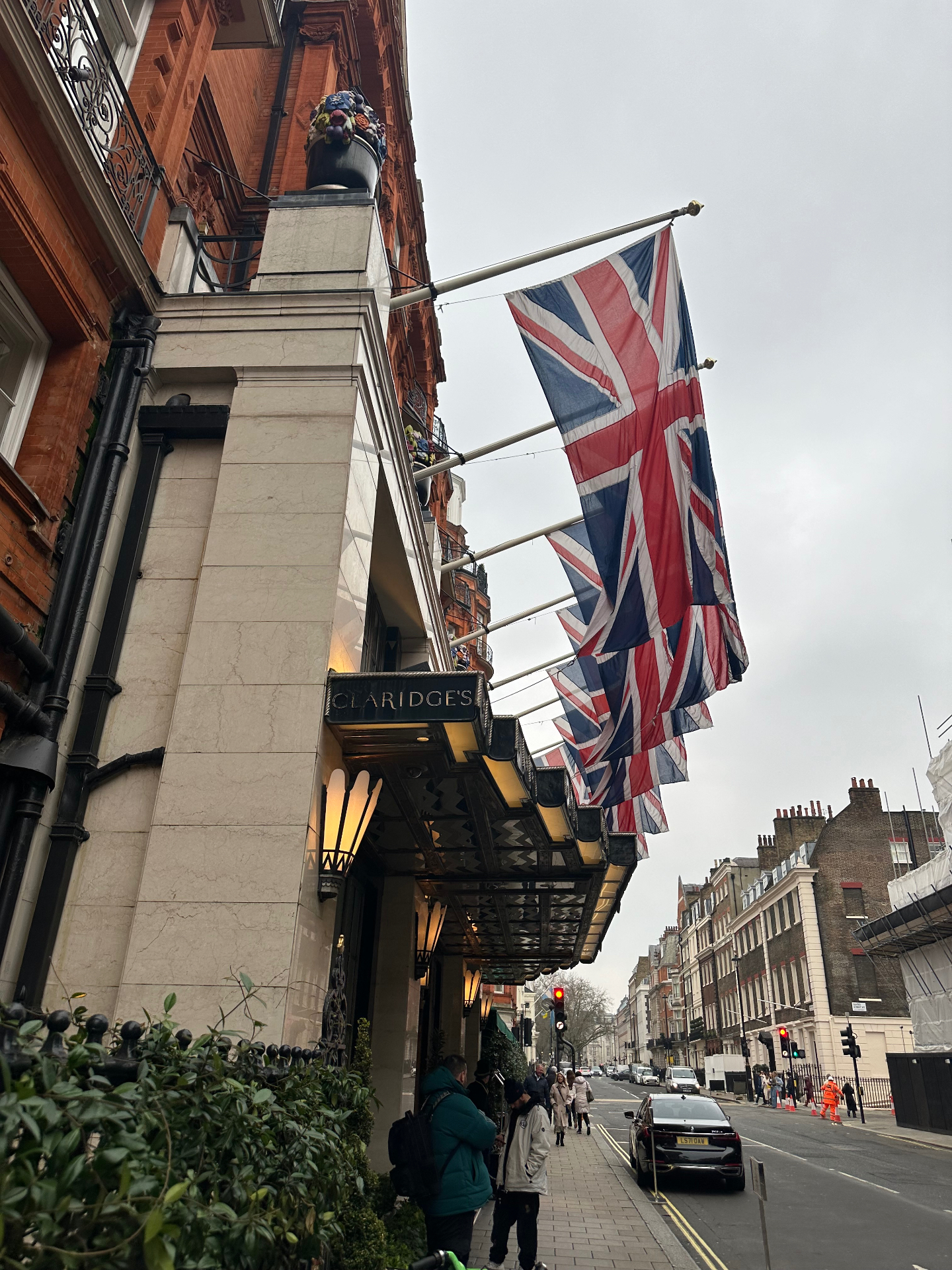 Claridge's exterior with Union Jacks