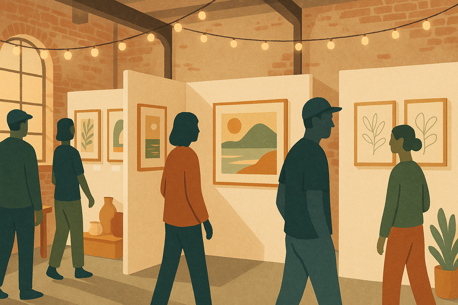 Anonymous visitors browsing artist booths at an Austin open studio tour event