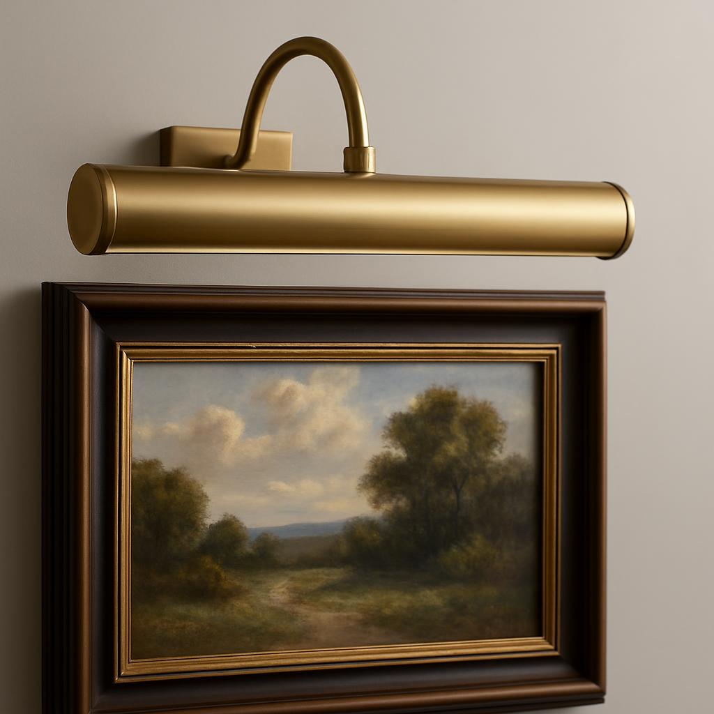 Cocoweb solid brass picture light mounted above a framed oil painting