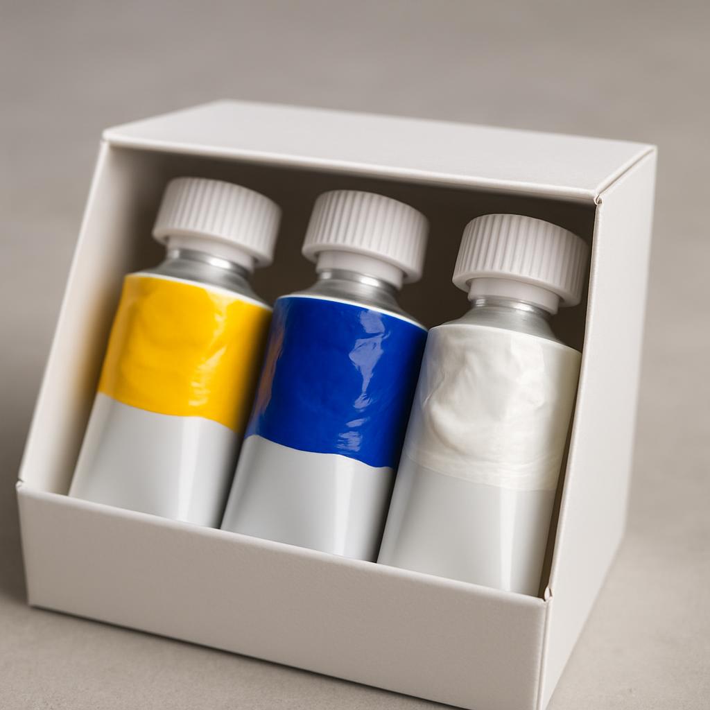 Golden Heavy Body Acrylics tube set with cadmium yellow, ultramarine, and titanium white visible