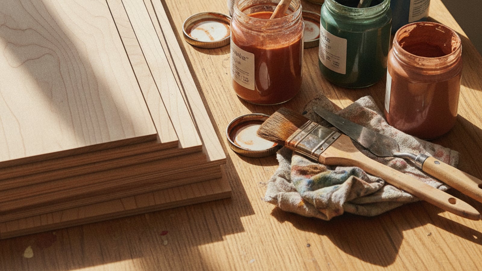 Raw wood panels with wood stain, brushes, and color swatches arranged on a workbench in an artist's studio