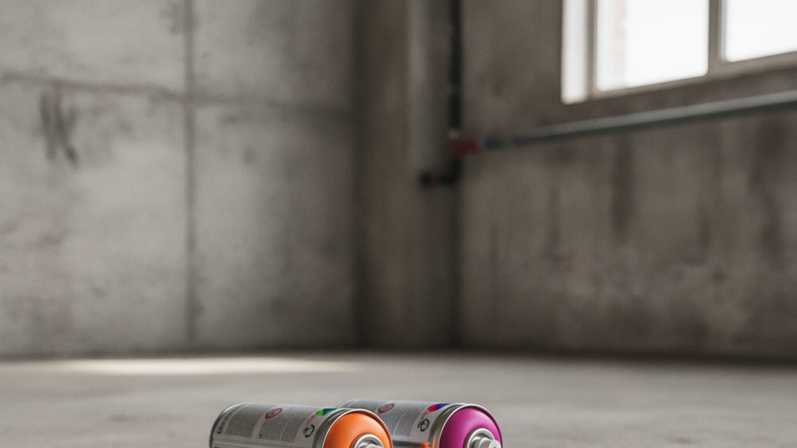 Spray-paint cans, paint markers, and mural-making materials arranged on a work surface in an artist's studio