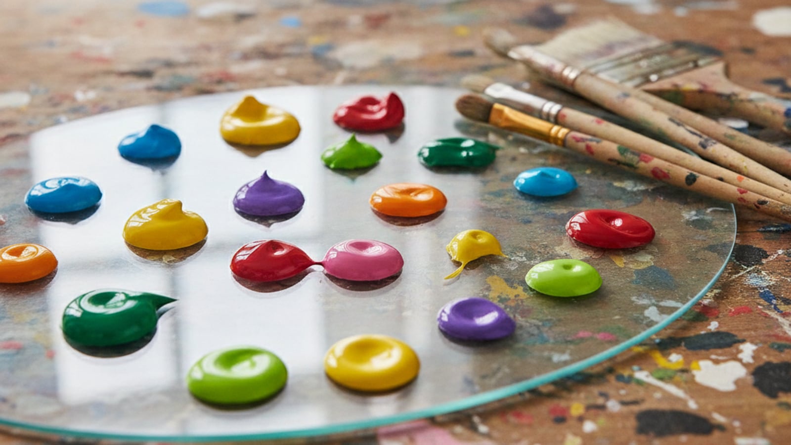 Bright acrylic paint and brushes arranged on an artist's palette
