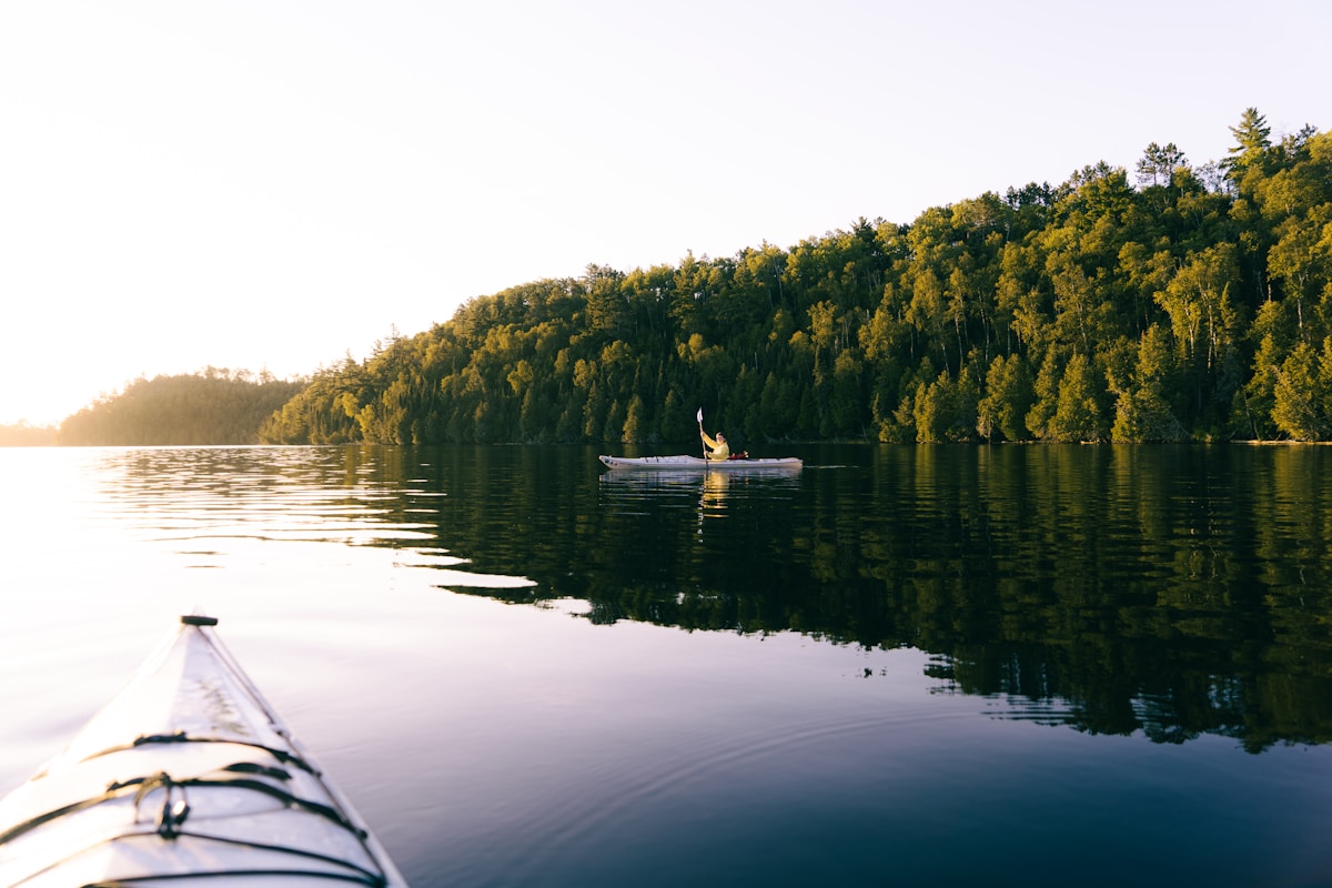 Person paddling a kayak on a calm lake surrounded by nature