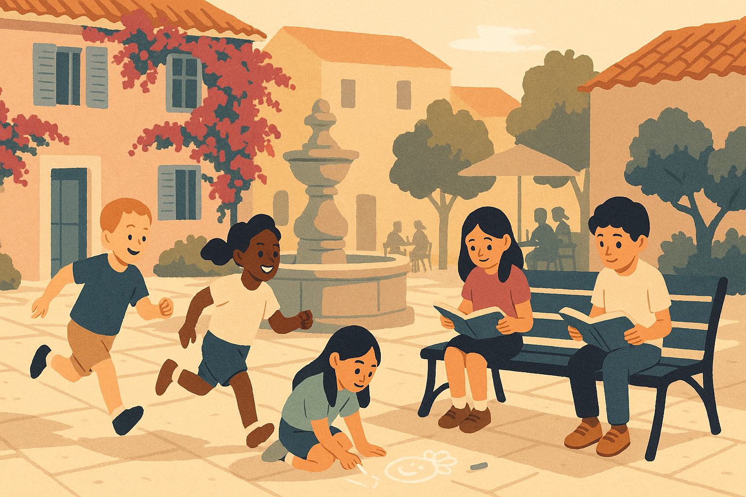 A wide shot of children of different nationalities playing together in a Mediterranean village square — the worldschool community in practice