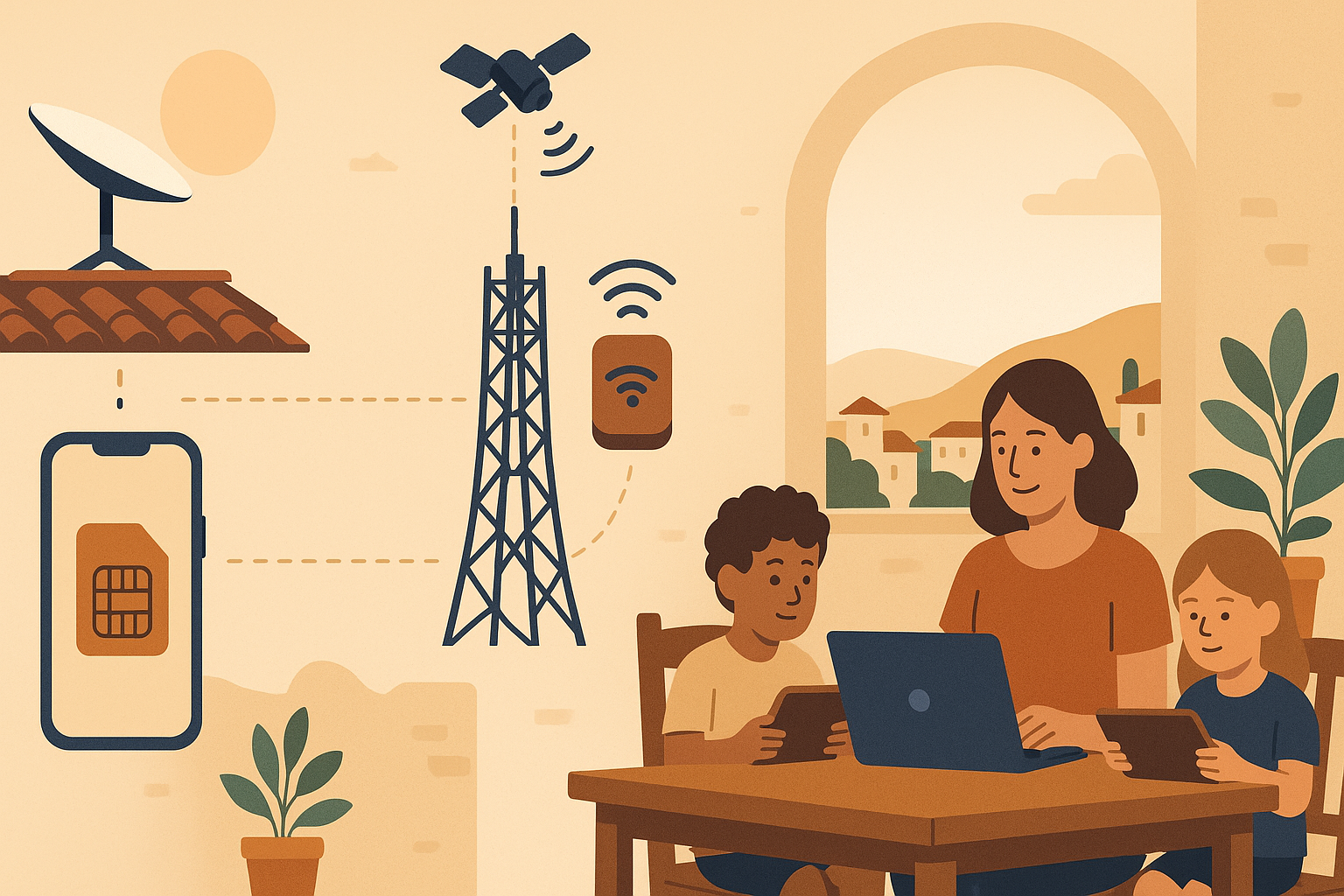 A diagram of the three-layer internet stack: Starlink dish at top, cellular tower middle, eSIM phone bottom, all converging on a family's laptop and tablets