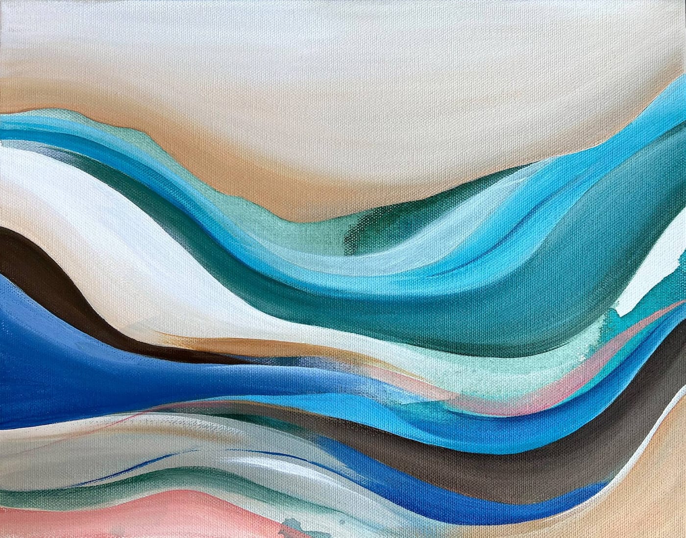 An abstract 'Uncharted Flow' painting by Ahn Hee Strain — organic waves of blue, teal, and sand