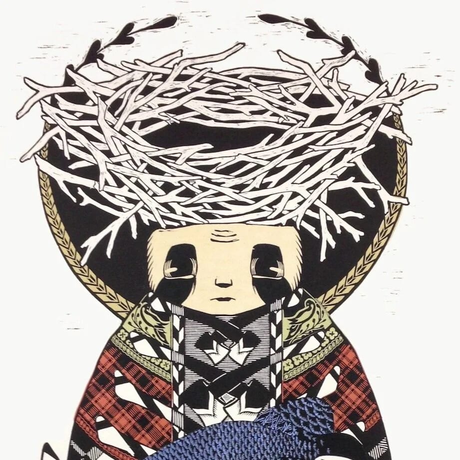 A hand-dyed chine collé woodcut by Annalise Gratovich — a folkloric figure in Ukrainian-embroidery patterns titled The Builder