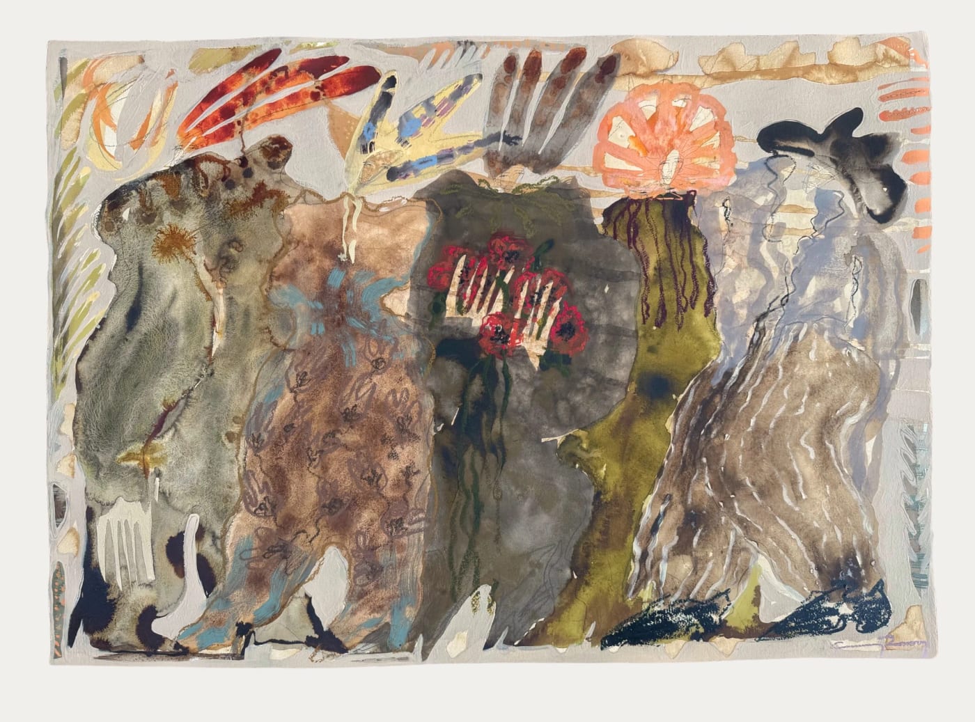 A gestural figurative painting by Caroline Pinney titled Keeping Score — robed standing figures in earthy tones
