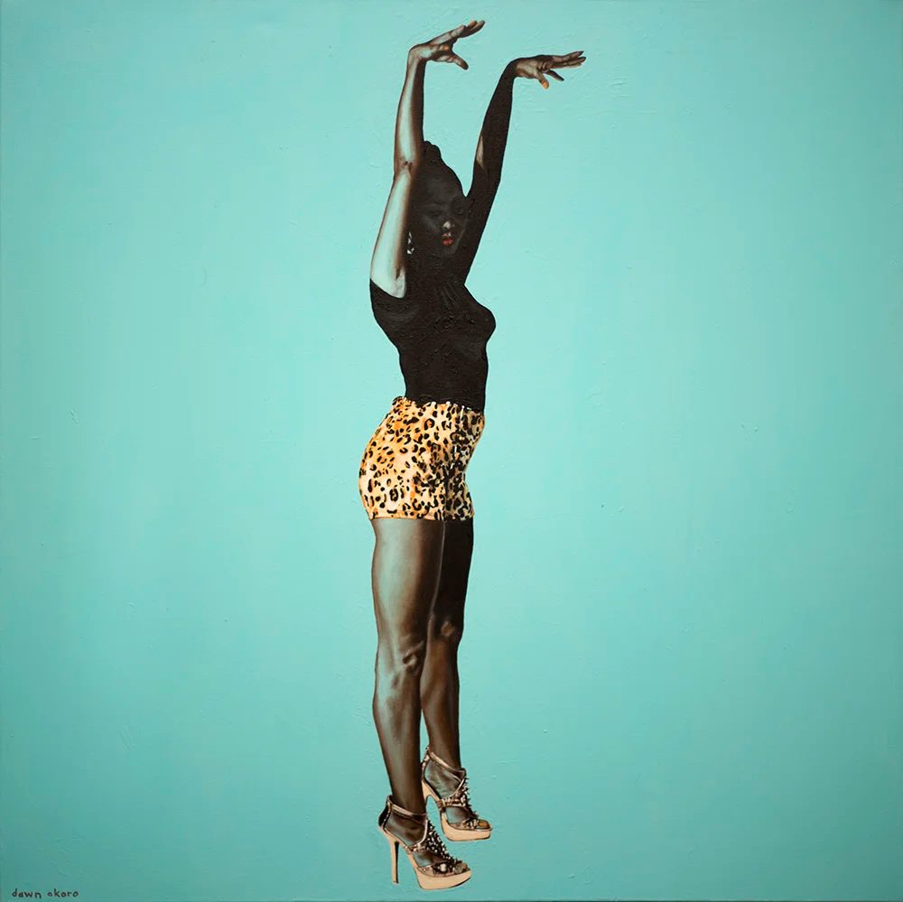 A Dawn Okoro painting of a figure in a black top and leopard-print shorts, arms raised, against a flat turquoise ground