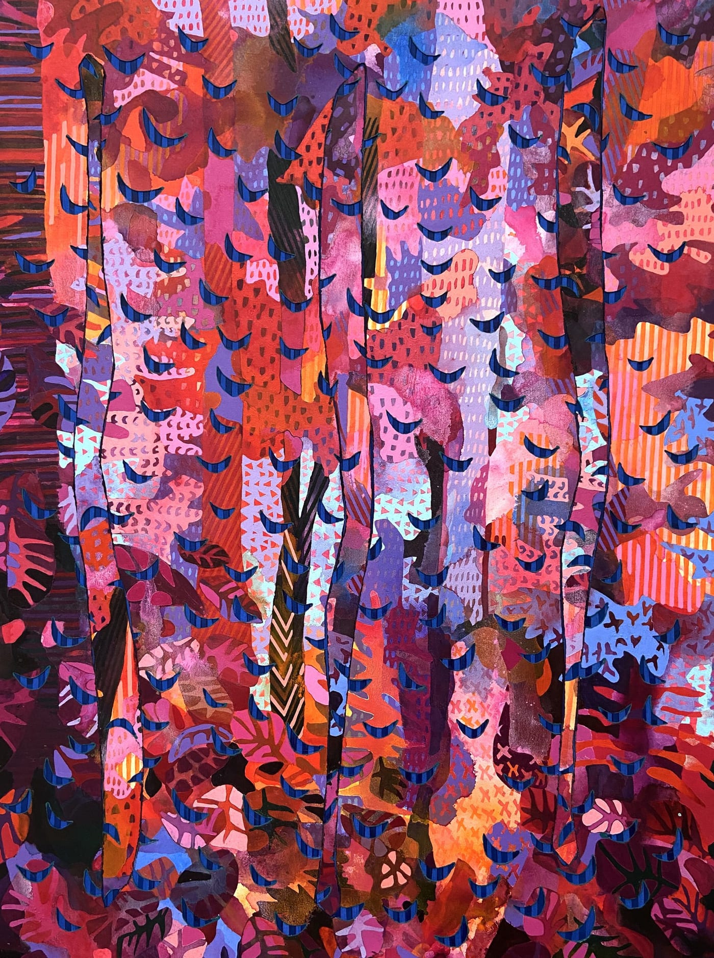 A densely layered, color-saturated abstract painting by Erin Curtis titled Fire Season