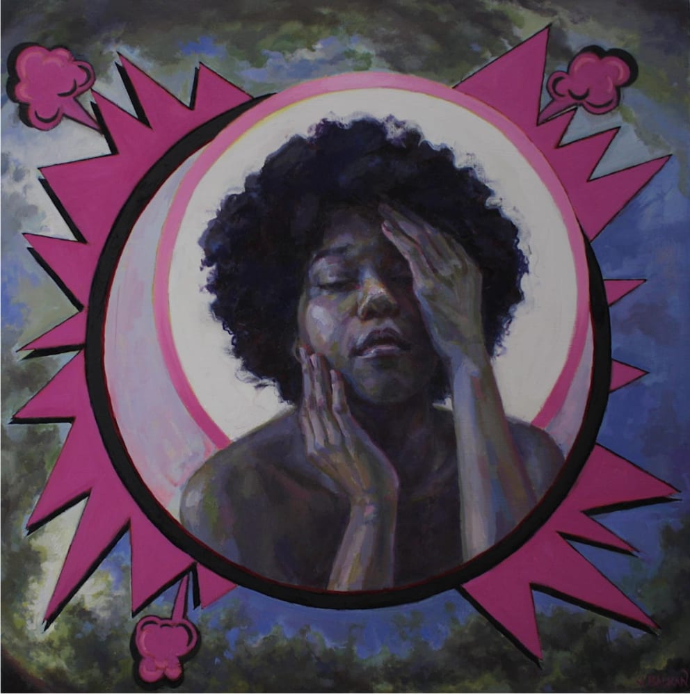 A vivid figurative portrait by Jennifer Balkan — a woman rendered in saturated planes of color against a bright magenta starburst