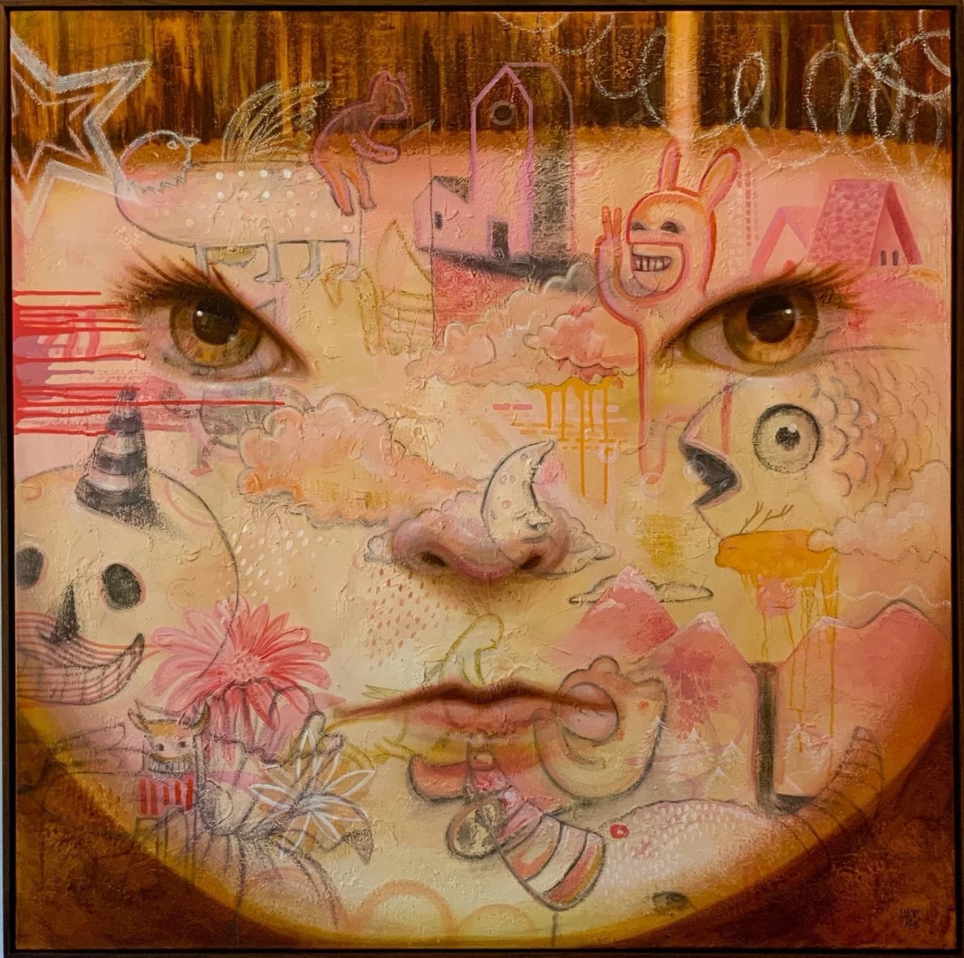 A Lucas Aoki painting of a child's face interwoven with dreamlike sketched creatures, clouds, and small houses in warm tones