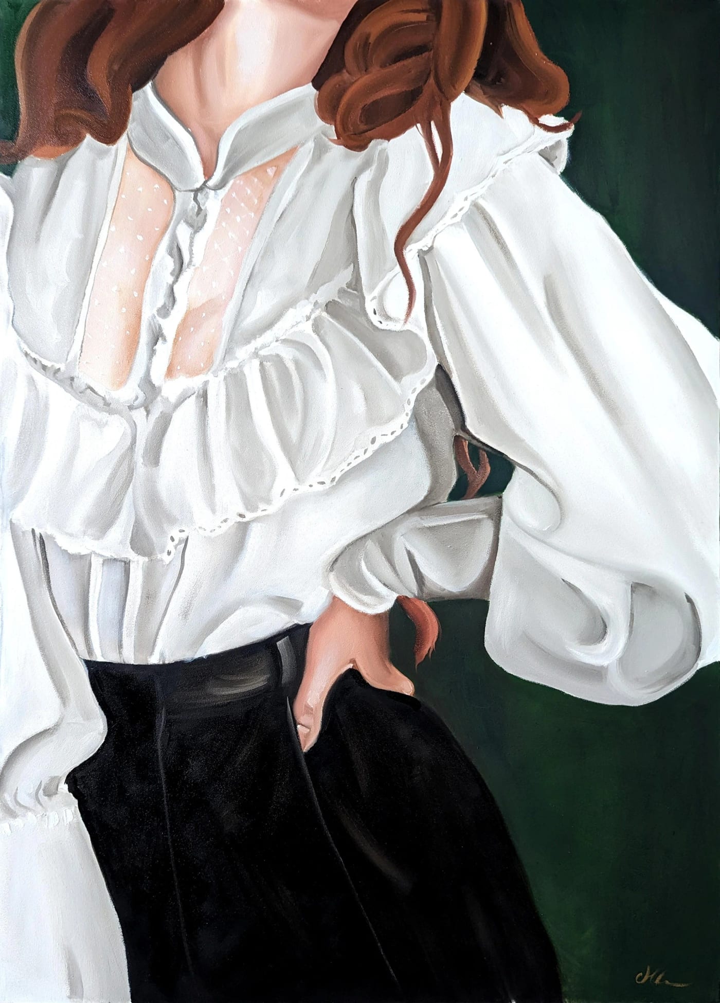 A figurative oil painting by Marcella Colavecchio — a woman in a white ruffled blouse and black skirt